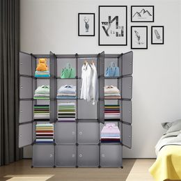 ZK20 20 Cube Organiser Stackable Plastic Cube Storage Shelves Design Multifunctional Modular Closet Cabinet with Hanging Rod Grey