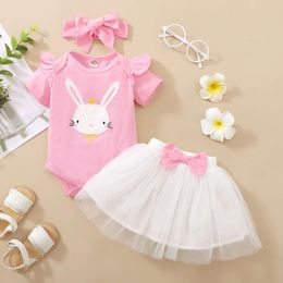 0-18 Months Newborn Baby Girl Daily Clothes Set Rabbit Print Short Sleeve Romper+ Tulle Skirt+Headband Summer 3PCS Outfit L2405