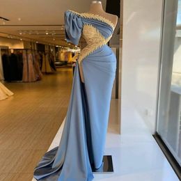 2021 Plus Size Arabic Aso Ebi Sexy Lace Beaded Prom Dresses One Shoulder High Split Sheath Evening Formal Party Second Reception Gowns 221a