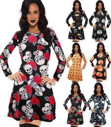 Women Dress Halloween Cosplay Long Sleeve Dresses Ladies Pumpkin Skeleton Print Dress Female Round Collar Dresses 17 Colours 0508124838070