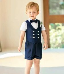 Suits Baby Boys Vest Short Bowtie Photography Suit Children Formal Wedding Dress Prince Kids Performance Set Birthday Ceremony Costume Y240516