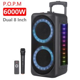 Speakers Portable Sers Dual 8 Inch 6000W Outdoor Lever Trolley Audio Karaoke Partybox RGB Bluetooth Ser EQ Colourful LED Light Ring with Mic