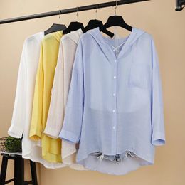 Women's Blouses Summer Cotton Linen Hoody Long Shirts Cardigan White Beige Yellow Blue Casual Loose Sun-Protection Top