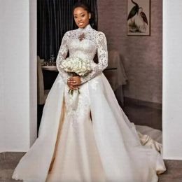 Dresses Plus Size Mermaid Wedding Dress Arabic Aso Ebi Sheer Neck High Bride Dress Long Sleeves Gowns Dresses African Arabic Charming Trai