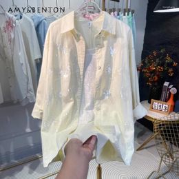 Women's Blouses 2024 Clothing Heavy Embroidery Sequins Decorative Pattern Denim Shirt Long Sleeve Single-breasted Loose Green Blouse