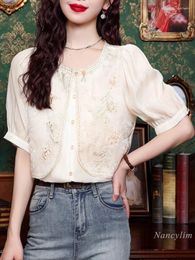 Women's Blouses Chinese Style Machine Embroidery Chiffon Shirt Clothing 2024 Summer Top Short Sleeve Design Sense Niche Bloue