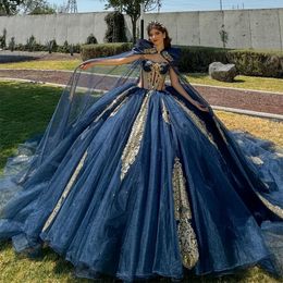 Sparkly Navy Blue Princess Quinceanera Dresses with Cape Off Shoulder Gold Applique Beading Tull Corset vestido de 15 quinceaneras
