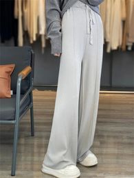Summer curved bead ice silk fabric with high waisted elastic band and wide legs simple and fashionable womens pants 240517