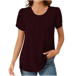 Women's Blouses Women Casual Shirts Ladies Crew Neck Short Sleeve Front Pleated Solid Colot Tops Fashion Summer Commuting Trend Streetwear