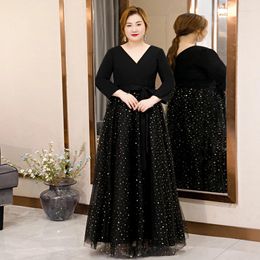 Party Dresses Black Sequins A-Line Evening Dress Full Sleeves Empire Bow Sash Fashion Floor-Length V-Neck Plus Size Women Formal Gowns D862