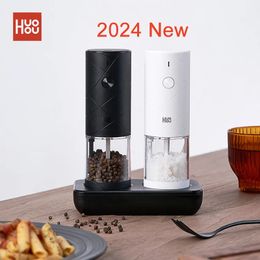 Huohou Electric Grinder Pepper Seasonings Spices Grain Mill Salt Shaker LED Light 6 Modes Kitchen Cooking Tool 2PC Set 240429