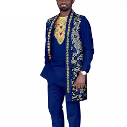 Ethnic Clothing Style African Suit For Men Traditional Print Long Set Jacquard 3 Pieces Embroidery Jacket And Shirt Pants Wedding