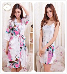 2017 summer Women Sexy Rayon Silk Robe Sleepwear Lingerie Nightdress Pyjamas Satin Kimono Gown pjs bathrobe female dress 2 PCS set5962821