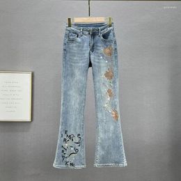 Women's Jeans Flare Denim Pants Women's Spring Stretchy Trousers All-Match Embroidered Rhinestone Bootcut 2024 Jean