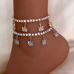 Anklets Caraquet Sparkling Crystal Maple Leaf Necklace Suitable for Women Gold Silver Color All Water Diamond Tennis Chain Ankle Bracelet Jewelry Gifts d240517
