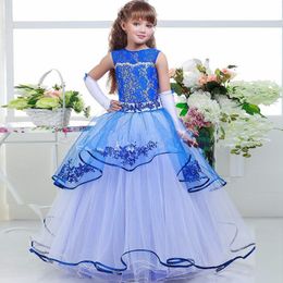 Royal Blue Lace Flower Girl Dresses for Weddings Embroidery Princess First Communion Dresses for Girls Tiered Floor Length 326y