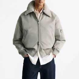 Japanese Grey-white Jacket Men's Designer Fur Collar Double Zippers Short Jackets Autumn Winter Fashion Casual Zipper Outerwear Loose Vintage Parka Coat Man Clothes
