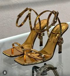 Top Luxury Women Knot Sandals Shoes Gold Sculptural Metal Nappa Leather Stiletto Heels Lady Party Wedding Gladiator Sandalias EU35-43 With Box