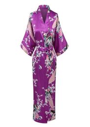 Whole Brand New Purple Chinese Women Satin Rayon Nightgown Print Kimono Bath Gown Bridesmaid Wedding Robe S M L XL XXL XXXL A7366692