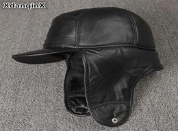 XdanqinX Genuine Leather Hat For Men Winter Warm Bomber Hats Earmuffs Plus Velvet Thick Sheepskin Hooded Ski Cap Dad Winter Caps T3500249