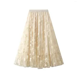 Skirts Elegant French Style Tulle Skirt Women Flocking Large Ruffles Gauze 2024 Korean Fashion High Waist A Line Bottomed
