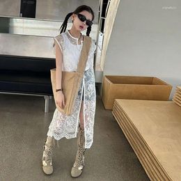 Clothing Sets Two Pcs Girls 2024 Spring Summer Jacquard Lace Hollow Casual Loose Cover Up Dress Solid Vest Top
