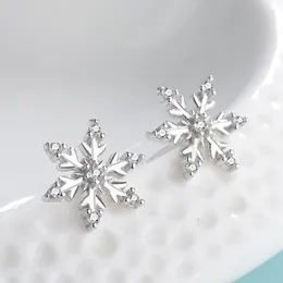 Stud Earrings 925 Silver Plated Zircon Snowflake For Women Girls Party Christmas Jewellery Gift Eh018