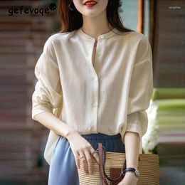 Women's Blouses Vintage Simple Oversized Button Shirt Summer Trendy Stand Collar Solid Long Sleeve Blouse Y2K Female Casual Tunic Tops