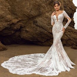 vintage long sleeves Mermaid Wedding Dress Sweetheart Sequined Lace Arabic Trumpet Bridal Gowns Robe De Soiree lacefull robe de mariage Lace Applique beach Wed gown