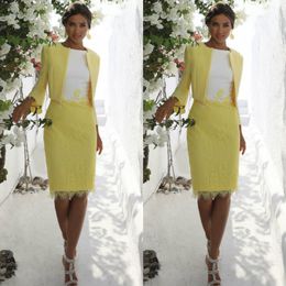 yellow mother of the bride dresses with jacket knee length lace appliqued mother wedding guest dress jewel neck evening gowns 224Y