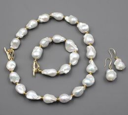 GuaiGuai Jewelry Natural Freshwater Cultured White Keshi Baroque Pearl Necklace Bracelet Earrings Sets For Women Lady Fashion1106061