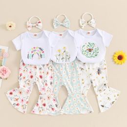 Clothing Sets Summer Infant Baby Girl Casual Set Short Sleeve Romper Daisy Pattern Flare Pants And Headband Outfit