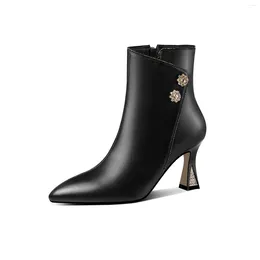 Boots Mstyle Genuine Leather Floral Bead Handmade Ankle For Women Pointed Toe Spool Heel Side Zip Up Warm Women's Boot Shoes