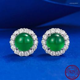 Stud Earrings 925 Silver Inlaid 8.0 Simulated Green Jade Marrow Rich Women's Classic Wedding Jewelry