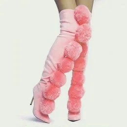 Boots Sweet Pink Furball Thigh Women's Fur Pompon Pointed Toe High Heel Stretch Suede Over Knee Catwalk Elasticity Shoes