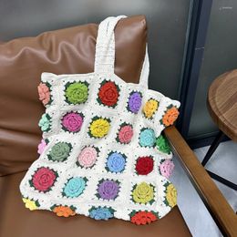 Storage Bags Original Square Handmade Crochet Beach Bag Classic 3D Rose Flowers Colourful Large Capacity Shopping Shoulder Tote Gift