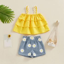 Clothing Sets Fashion Children Kids Girls Summer Solid Tiered Ruffle Camisole Daisy Print Denim Shorts Holiday Beach Outfits