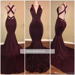 African Black Girls Burgundy 2k19 Mermaid Prom Dresses Deep V Neck Open Back Simple Floor Length Formal Evening Dresses Party Gowns 217z