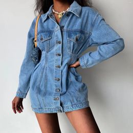 Casual Dresses Wepbel Slim-Fit Jeans Dress Women Pleated Long Sleeve Cowboy Siamese Denim Mid-Length Single Breasted Mini