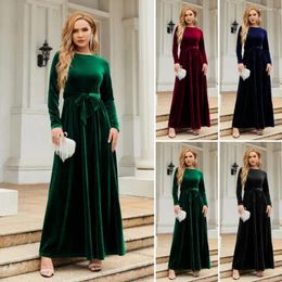 Casual Dresses Solid Colour Maxi Dress Elegant Vintage A-line With Pleated Golden Velvet Long Sleeve Belted Waist For Bridesmaid