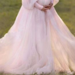 Pink Maternity Off Shoulder Bubble Sleeves Mesh Gown V Neck Maxi Shoot Photography Dress for Baby Shower Photo Props