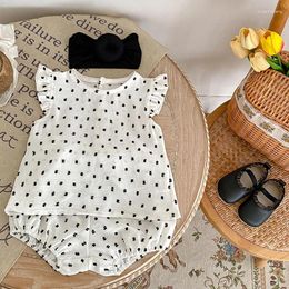 Clothing Sets Children Pure Cotton Summer 2024 Cute Girls Dot Cut Flying Sleeve Top Baby Shorts Set Refreshing