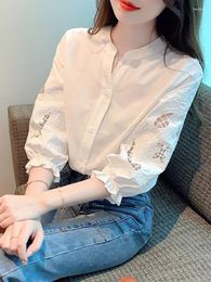 Women's Blouses Fashion Summer Vintage Embroidered Hollow Out Cotton White Shirt Women Sleeve Solid Blouse Tops