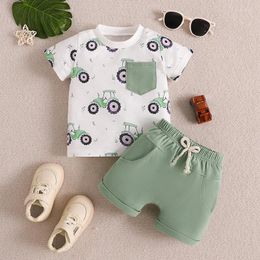 Clothing Sets Baby Boy And Girl Summer Outfit Tractor Print Short Sleeve T-Shirt Elastic Waist Shorts Set Toddler Clothes
