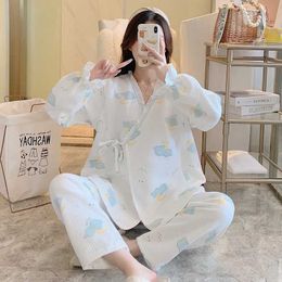 Sleep Lounge Winter latex clothing set cotton chest pajama set long sleeved care top lace cardigan and pants 3-piece set d240516