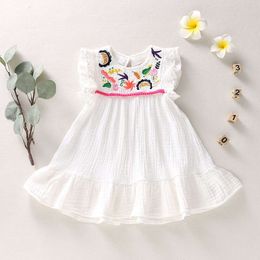Infant Baby Girls Cotton Linen Dresses Pleated Short Sleeve Delicate Embroidery Swing White Summer Leisure Dress L2405