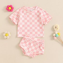 Clothing Sets Soft Casual Summer Baby Girls Clothes Fashion Checkerboard Print Shorts Outfit Toddler Short Sleeve Tops PP Suit Set