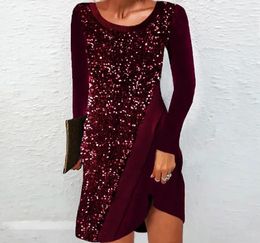 Casual Dresses For Women Spring/autumn Fashion Loose Wine Red Sequin Patchwork Elegant Round Neck Versatile Long Sleeved A-line Skirt