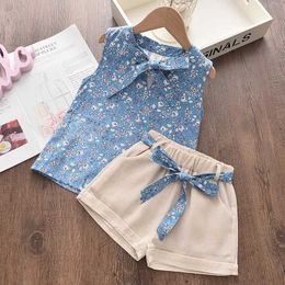 Clothing Sets Melario Preschool Childrens Flower Blue Shirt T-shirt Summer 2PCS Set Baby Girl Clothing 2-6 Year New Girl Clothing WX