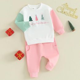 Clothing Sets Baby Girls Christmas Outfits Xmas Tree Embroidery Contrast Colour Long Sleeve Sweatshirts And Pants 2Pcs Winter Clothes Set